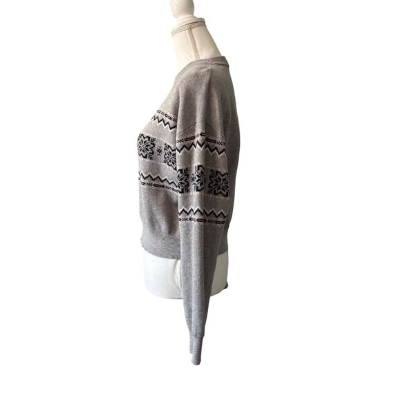 Womens Gray Knit Sweater Black Fair Isle Pattern Crew Neck Long Sleeve Size S - Picture 2 of 12